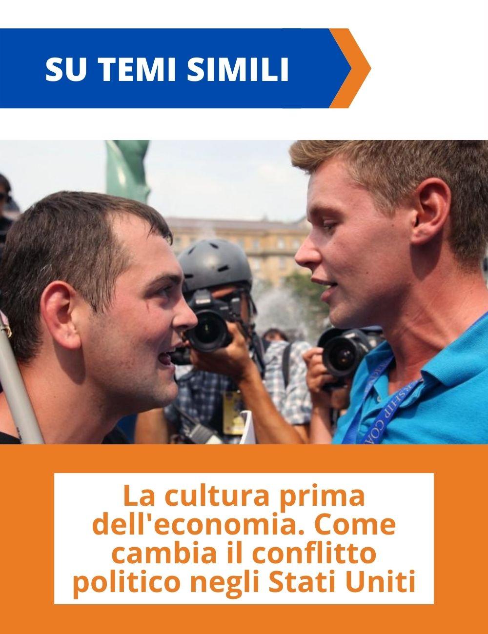 Immagine con link ad articoli su temi simili. Due persone che parlano animatamente rimanda all'articolo intitolato: La cultura prima dell'economia. Come cambia il conflitto politico negli Stati Uniti