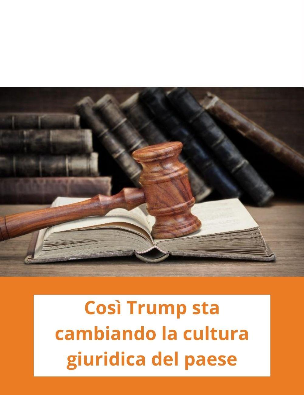 Immagine con link ad articoli su temi simili. Un martelletto del giudice e codici sullo sfondo rimanda all'articolo intitolato: CosÃ¬ Trump sta cambiando la cultura giuridica del paese