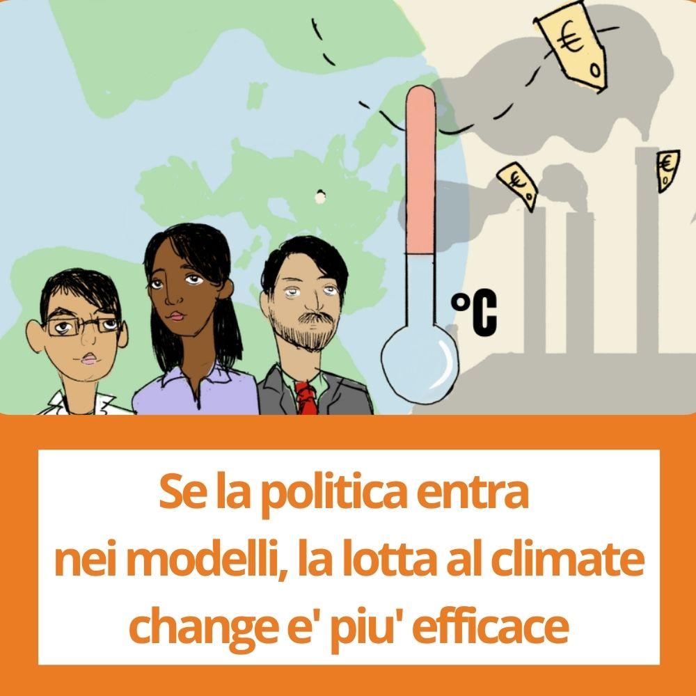 Immagine che rimanda ad articoli su temi simili. Un disegno con persone, mappamondo, fabbriche inquinanti e termometro rimanda a un articolo intitolato: Se la politica entra nei modelli, la lotta al climate change e' piu' efficace