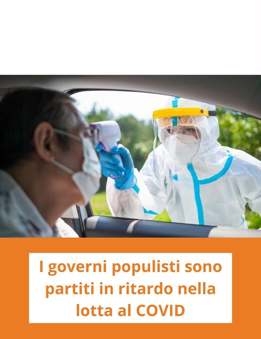 Immagine con link ad articoli su temi simili. L'immagine di un uomo con la mascherina che si fa misurare la temperatura da una persona in tuta antigermirimanda ad un articolo intitolato: I governi populisti sono partiti in ritardo nella lotta al COVID