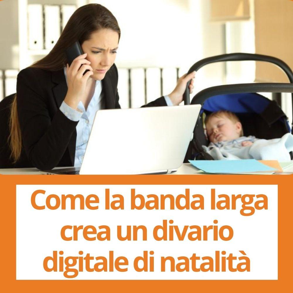 Immagine con link ad articoli su temi simili. L'immauna donna fa una chiamata davanti a un computer e che accudisce il suo bambino nello stesso momento rimanda all'articolo intitolato: Piu' figli per le piu' istruite: come la banda larga crea un divario digitale di natalita'. 