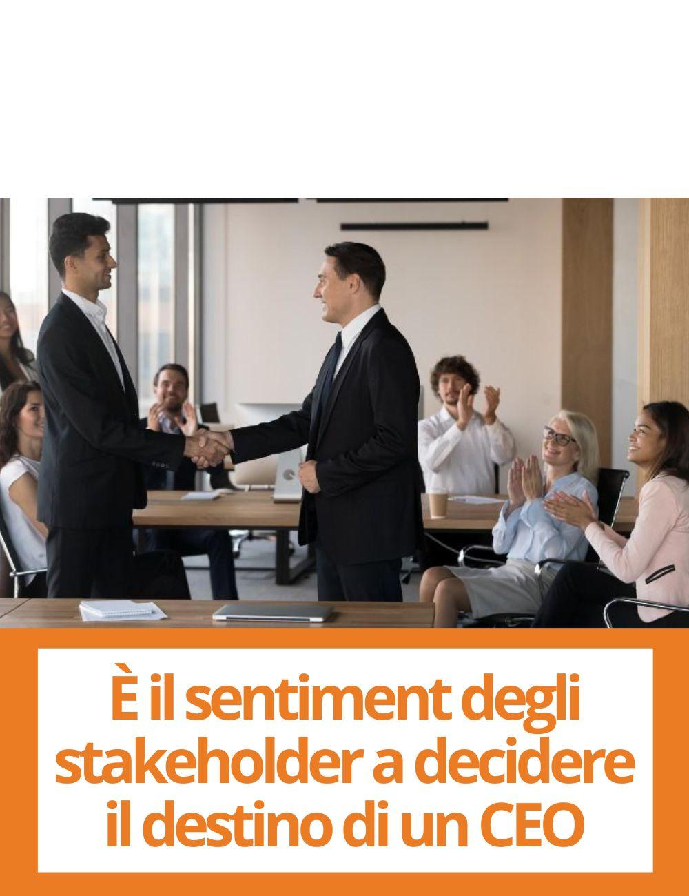 Immagine con link ad articoli su temi simili. L'immagine di due persone che si stringono la mano e altre persone che applaudono rimanda all'articolo intitolato: Ãˆ il sentiment degli stakeholder a decidere il destino di un nuovo CEO