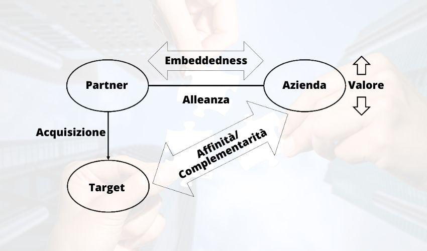 Lo schema mostra la relazione tra l'attivitÃ  di una azienda e quella di una societÃ  acquisita: quando la societÃ  acquisita dal partner Ã¨ in concorrenza con l'azienda (le attivitÃ  sono affini), il valore dell'alleanza diminuisce, mentre quando le attivitÃ  della societÃ  e dell'impresa acquisita dal partner sono complementari, il valore dell'alleanza aumenta.