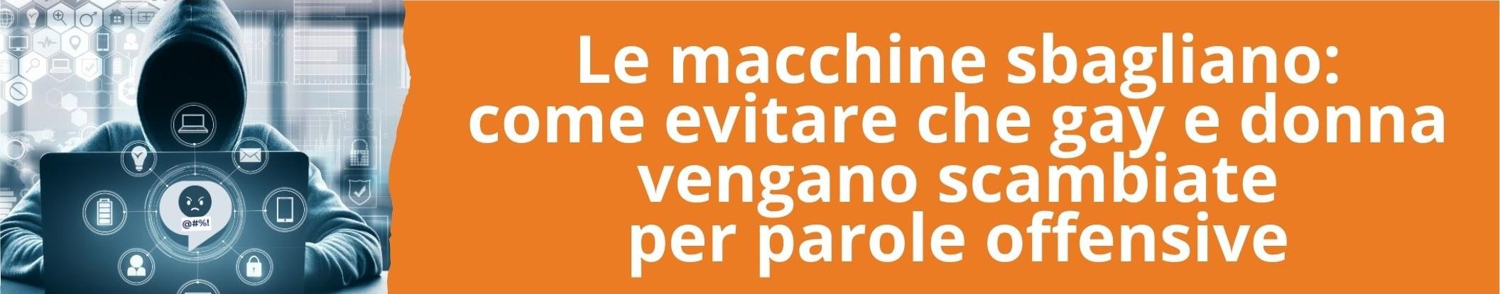 Immagine con link ad articoli su temi simili. L'immagine di una persona incappucciata e simboli che richiamano il cyber bullismo rimanda all'articolo intitolato: Le macchine sbagliano: come evitare che gay e donna vengano scambiate per parole offensive